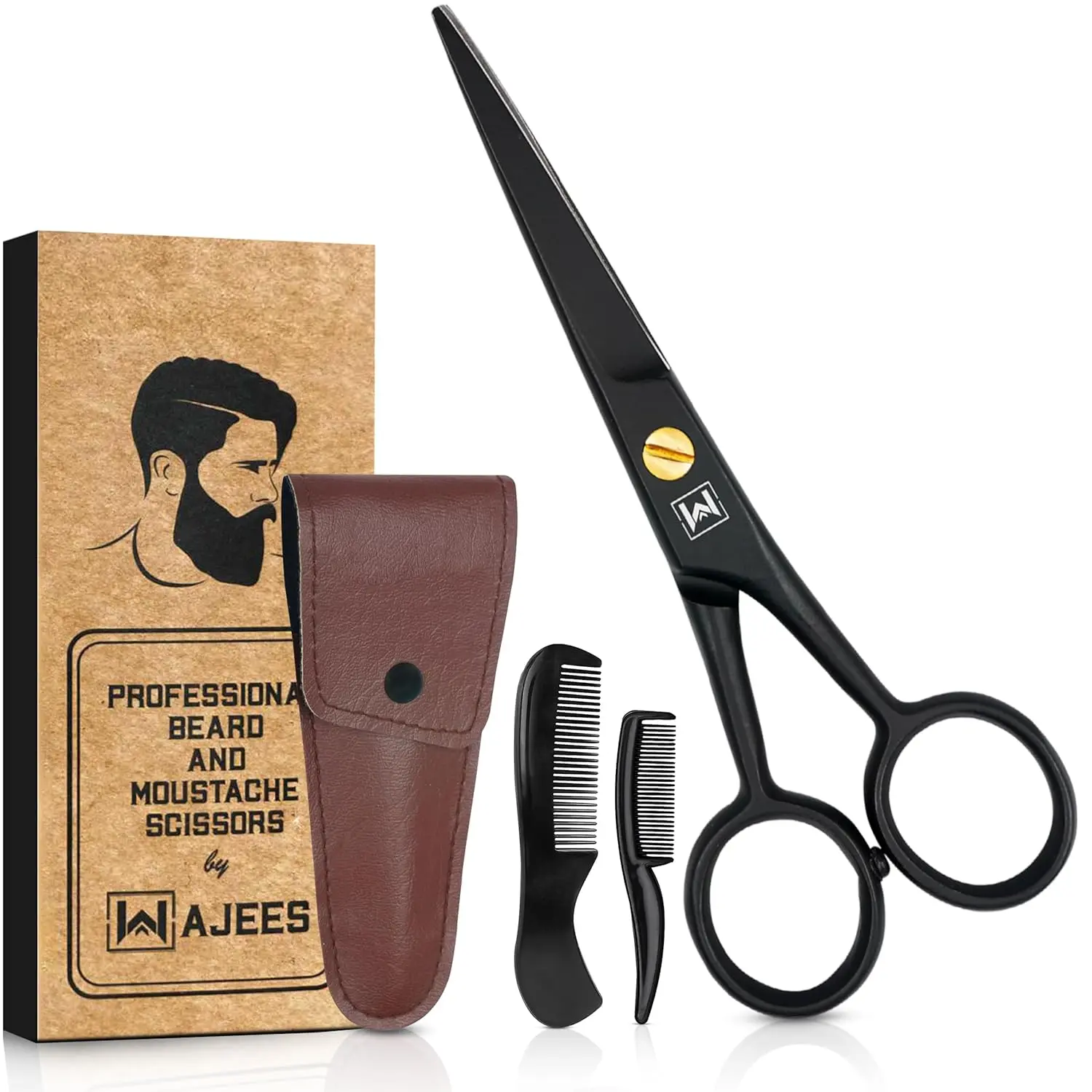 This premium quality handmade beard scissors grooming set for men includes mustache and beard combs with a leather pouch, perfect for precise facial hair trimming, eyebrows, and ear hair.