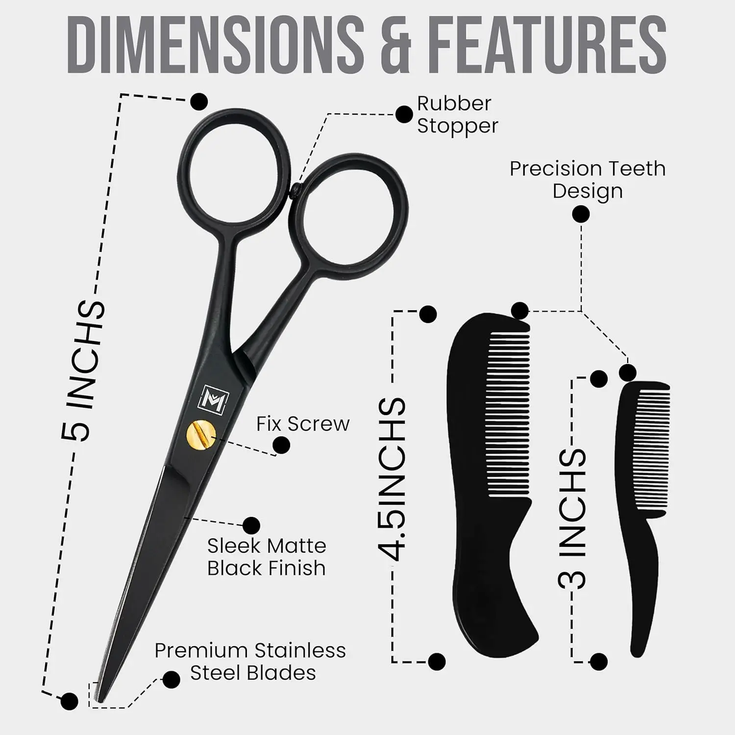 This premium quality handmade beard scissors grooming set for men includes mustache and beard combs with a leather pouch, perfect for precise facial hair trimming, eyebrows, and ear hair.