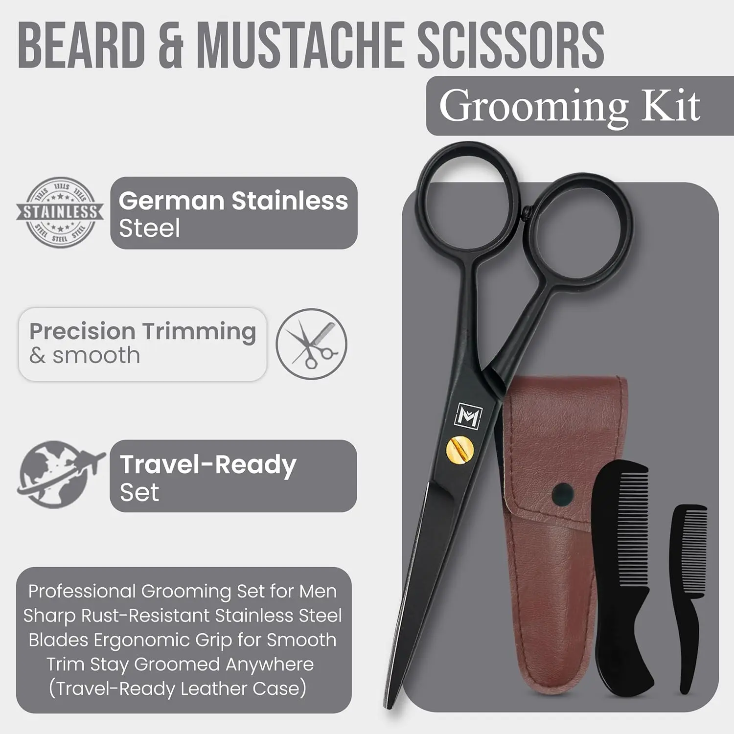 This premium quality handmade beard scissors grooming set for men includes mustache and beard combs with a leather pouch, perfect for precise facial hair trimming, eyebrows, and ear hair.