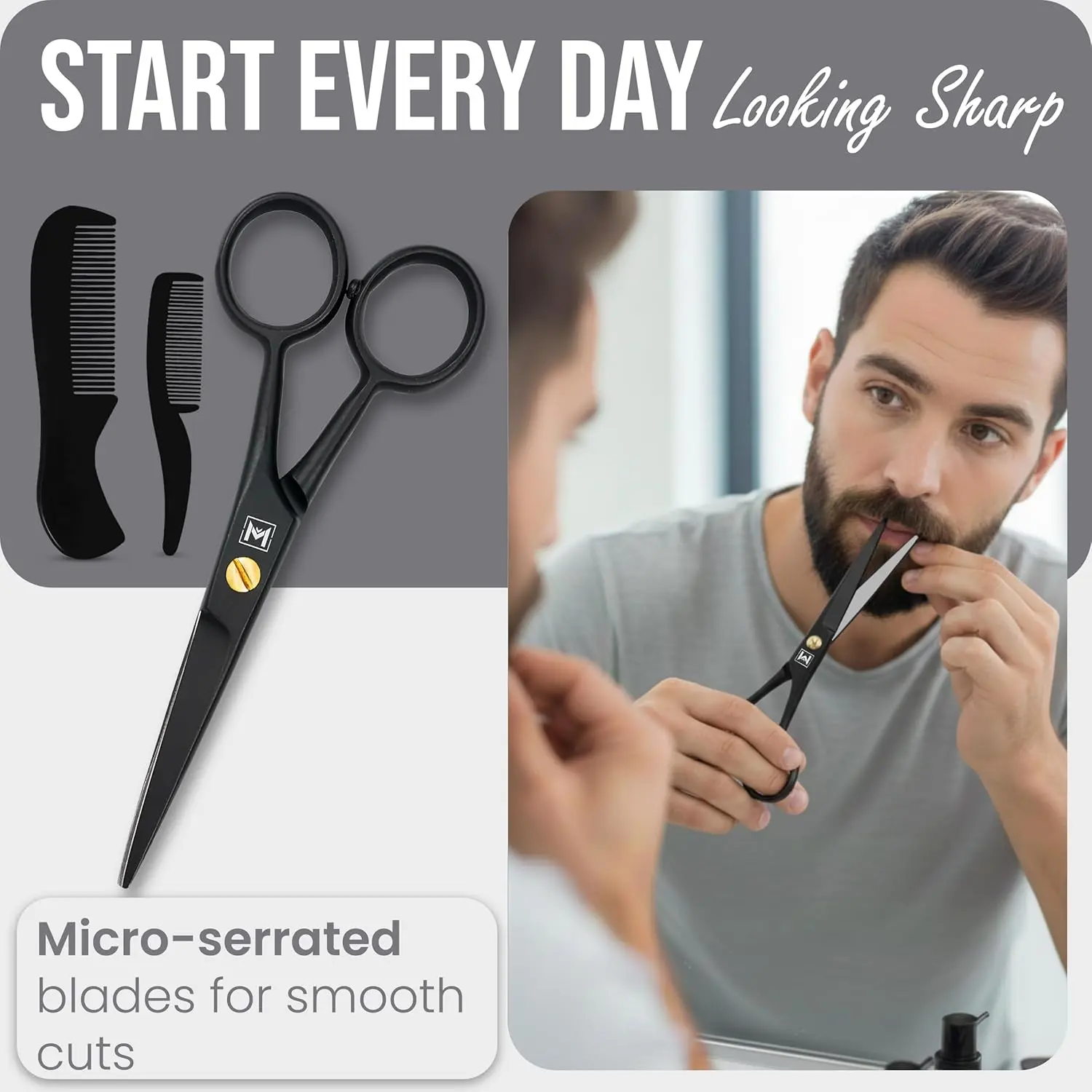 This premium quality handmade beard scissors grooming set for men includes mustache and beard combs with a leather pouch, perfect for precise facial hair trimming, eyebrows, and ear hair.