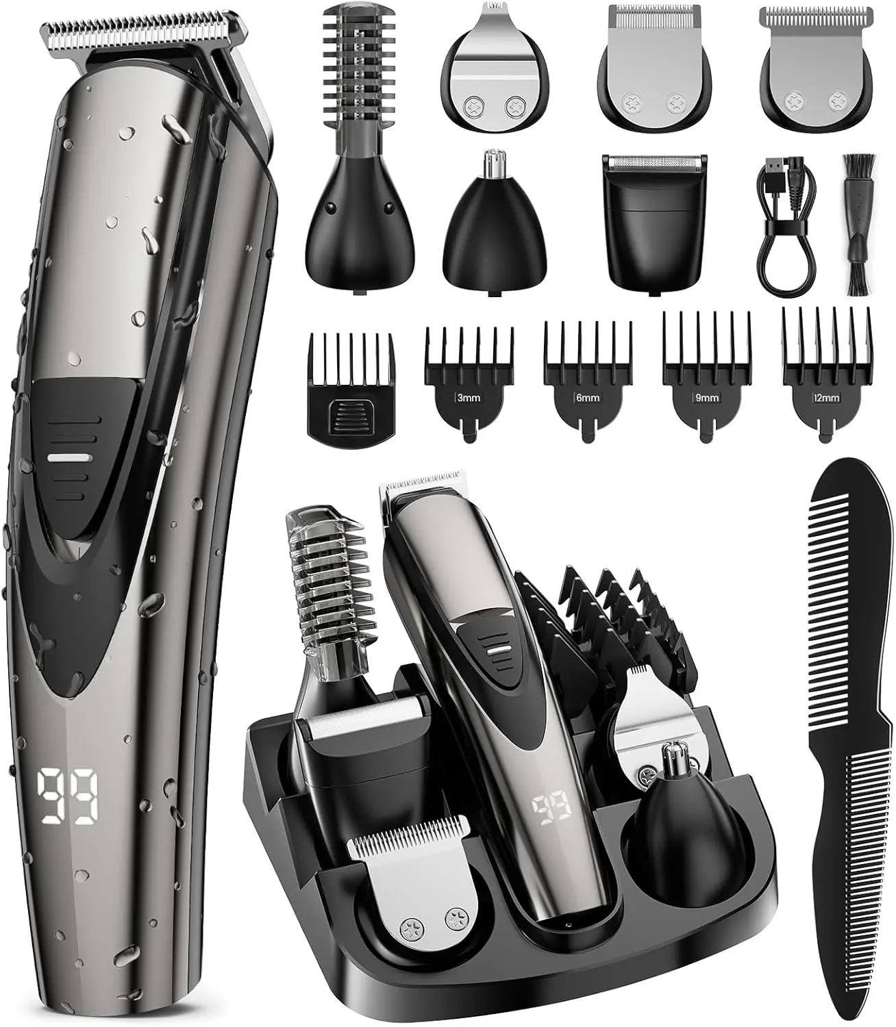 This 12-in-1 cordless grooming kit includes a beard trimmer, hair clippers, and multiple attachments for precise trimming of facial hair, nose hair, and intimate areas, along with guide combs for achieving various hair styles and lengths.