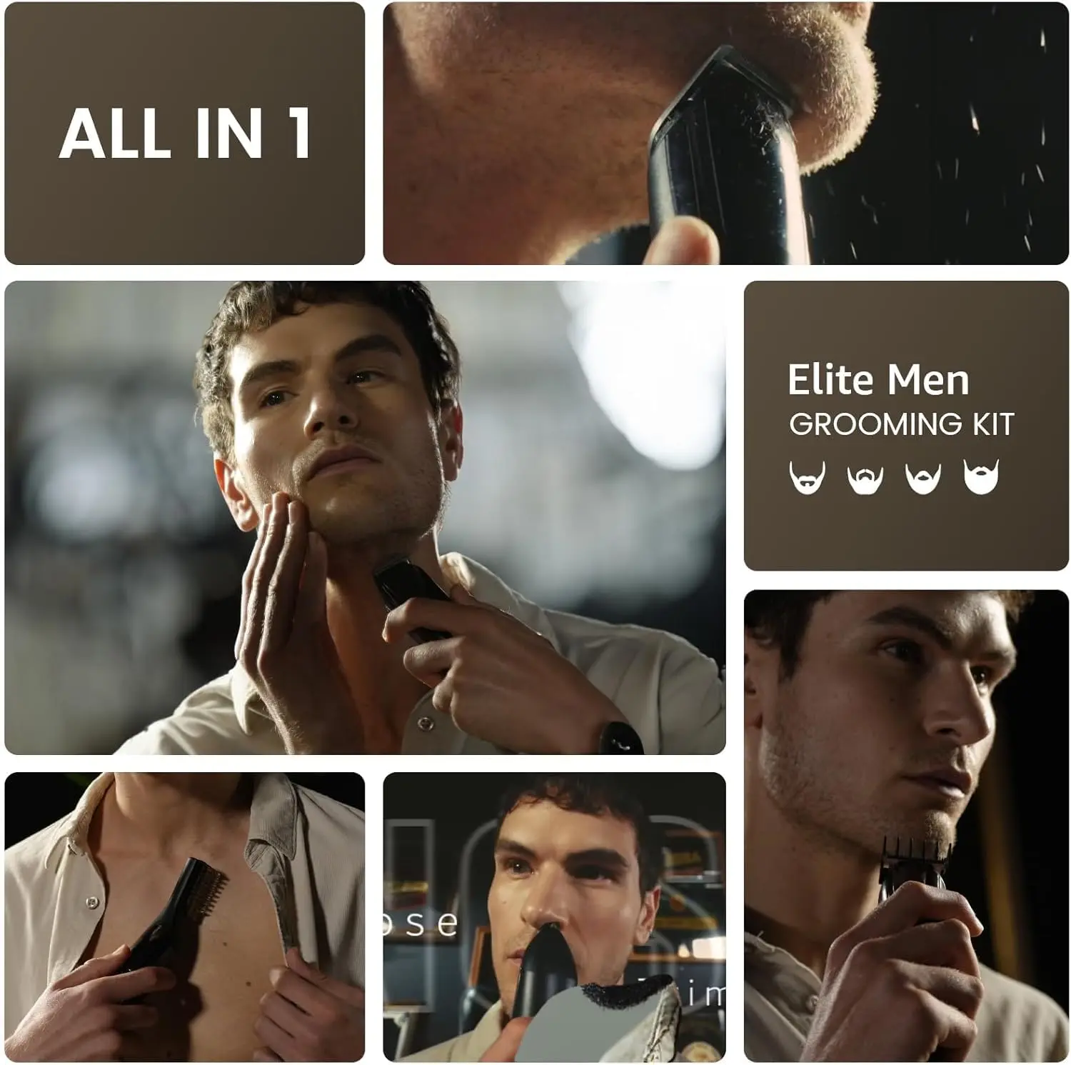 This 12-in-1 cordless grooming kit includes a beard trimmer, hair clippers, and multiple attachments for precise trimming of facial hair, nose hair, and intimate areas, along with guide combs for achieving various hair styles and lengths.