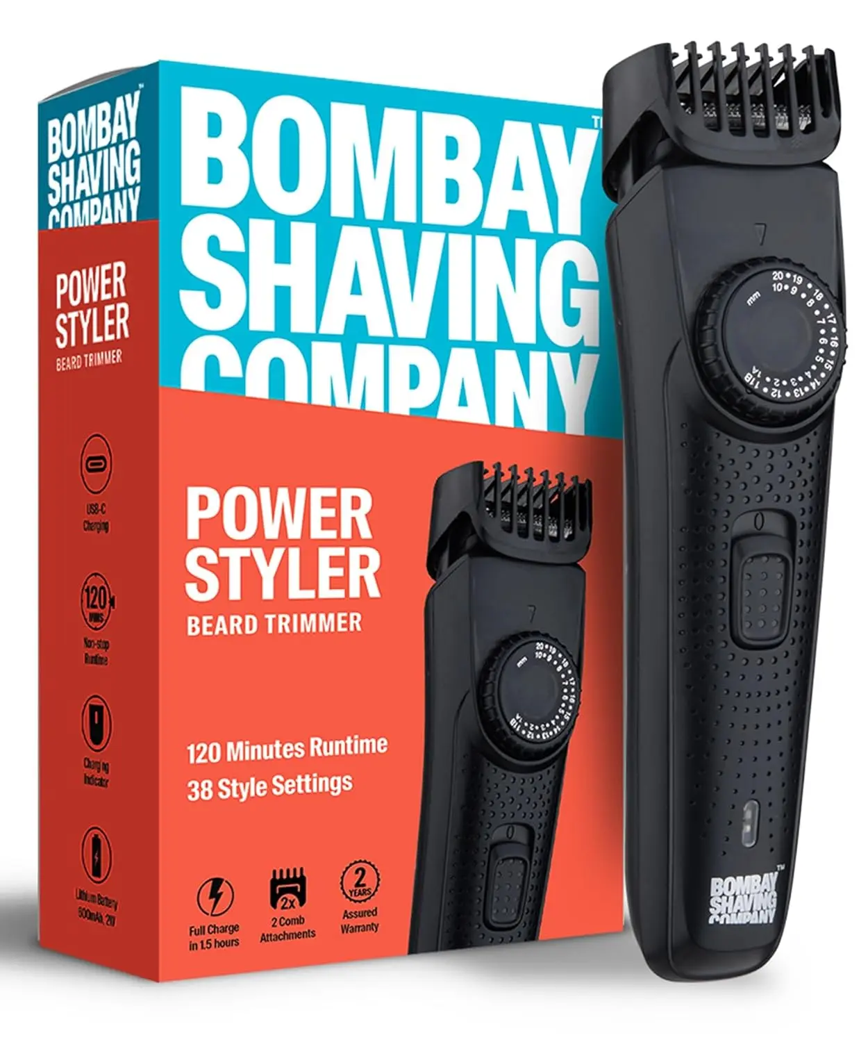 This beard trimmer for men by Bombay Shaving Company has adjustable combs, USB charging, a smart lock, and durable stainless steel blades for precise grooming.