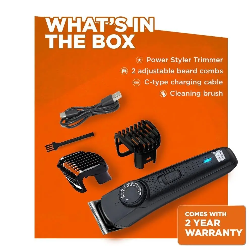 This beard trimmer for men by Bombay Shaving Company has adjustable combs, USB charging, a smart lock, and durable stainless steel blades for precise grooming.