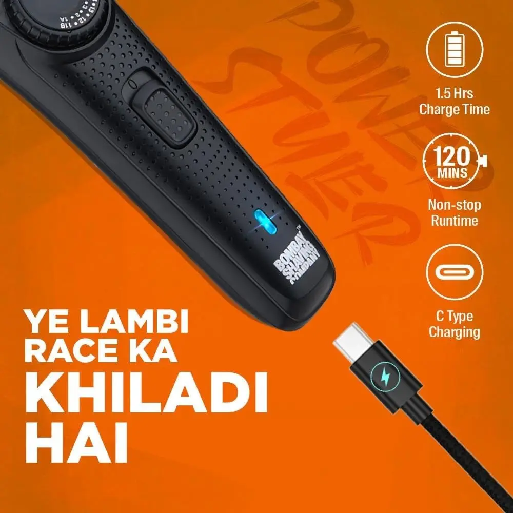 This beard trimmer for men by Bombay Shaving Company has adjustable combs, USB charging, a smart lock, and durable stainless steel blades for precise grooming.