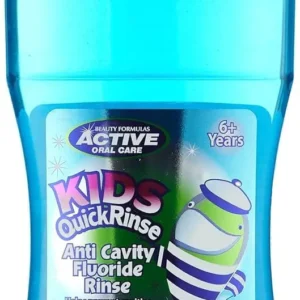 Beauty Formulas kids quick rinse mouthwash designed for children over 6 years old, offering fluoride protection against cavities.