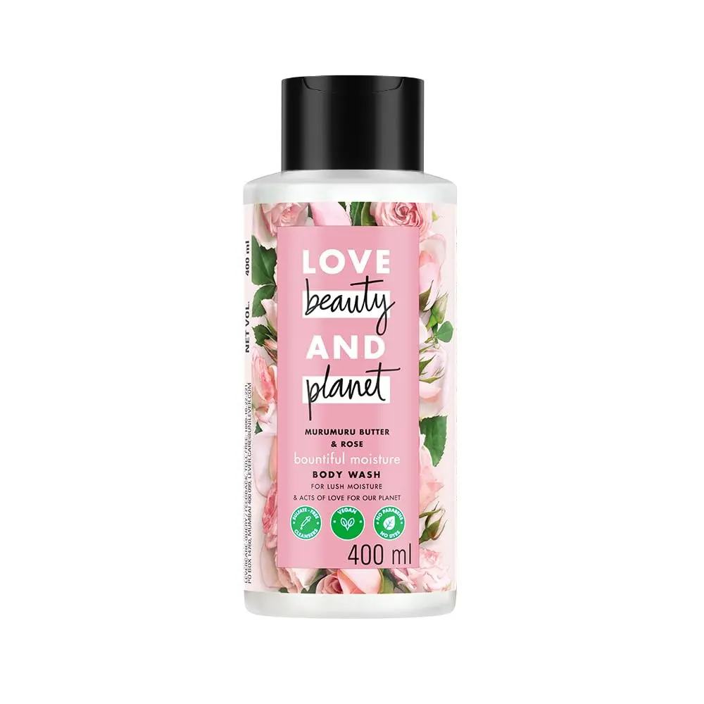 Love Beauty and Planet Murumuru Butter and Rose body wash gently cleanses and moisturizes skin, leaving a sweet rose scent.