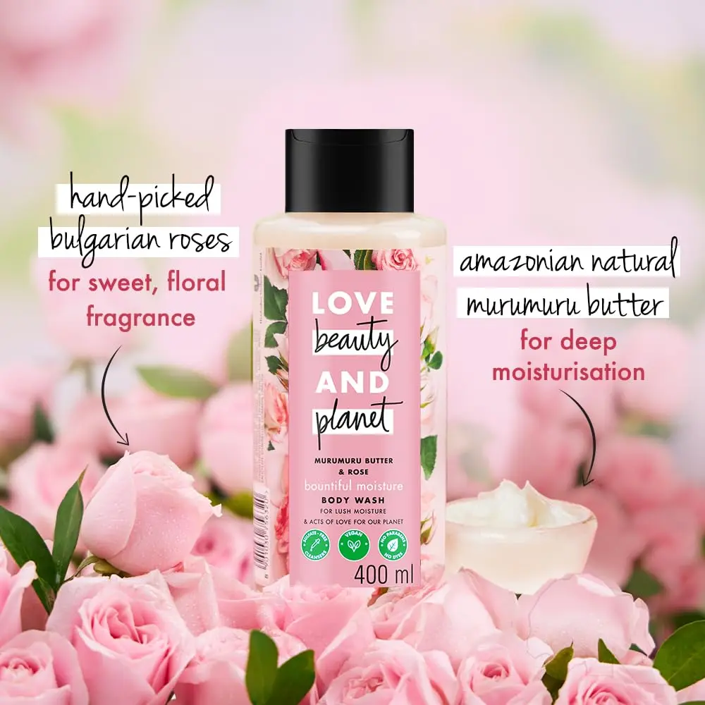 Love Beauty and Planet Murumuru Butter and Rose body wash gently cleanses and moisturizes skin, leaving a sweet rose scent.
