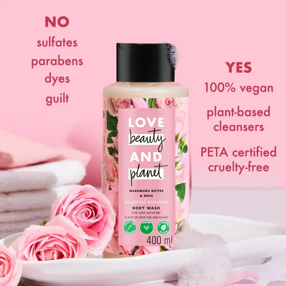 Love Beauty and Planet Murumuru Butter and Rose body wash gently cleanses and moisturizes skin, leaving a sweet rose scent.