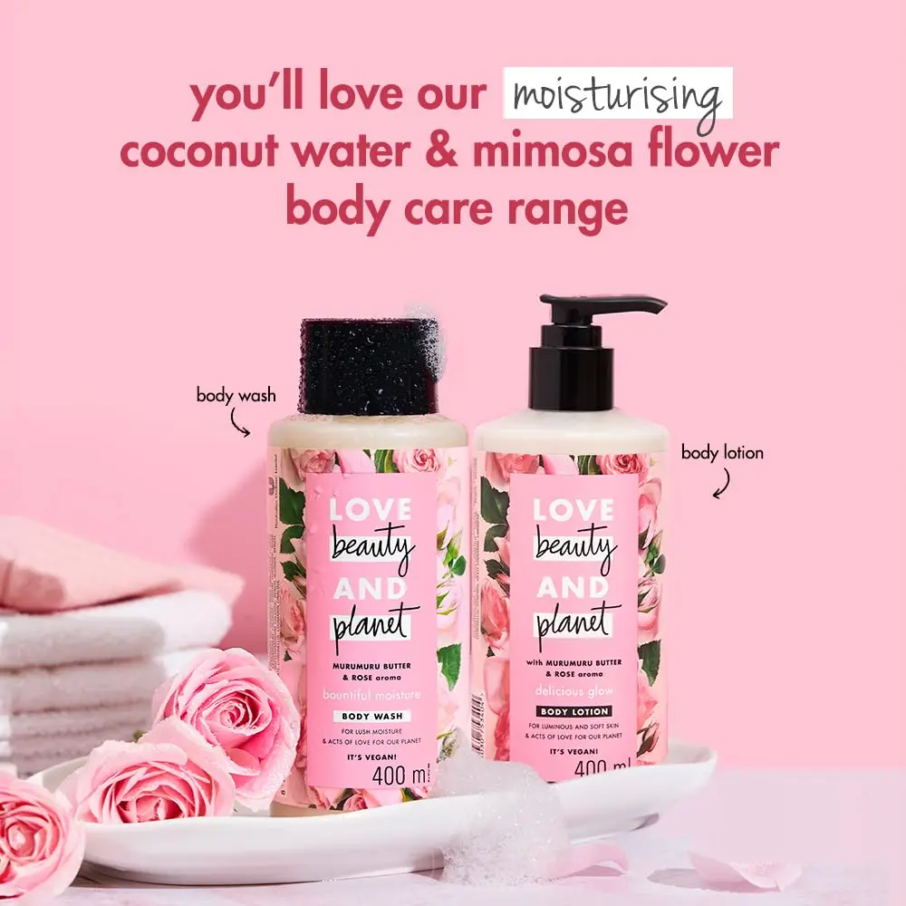 Love Beauty and Planet Murumuru Butter and Rose body wash gently cleanses and moisturizes skin, leaving a sweet rose scent.