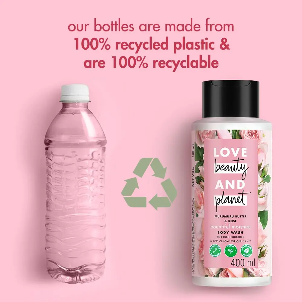 Love Beauty and Planet Murumuru Butter and Rose body wash gently cleanses and moisturizes skin, leaving a sweet rose scent.