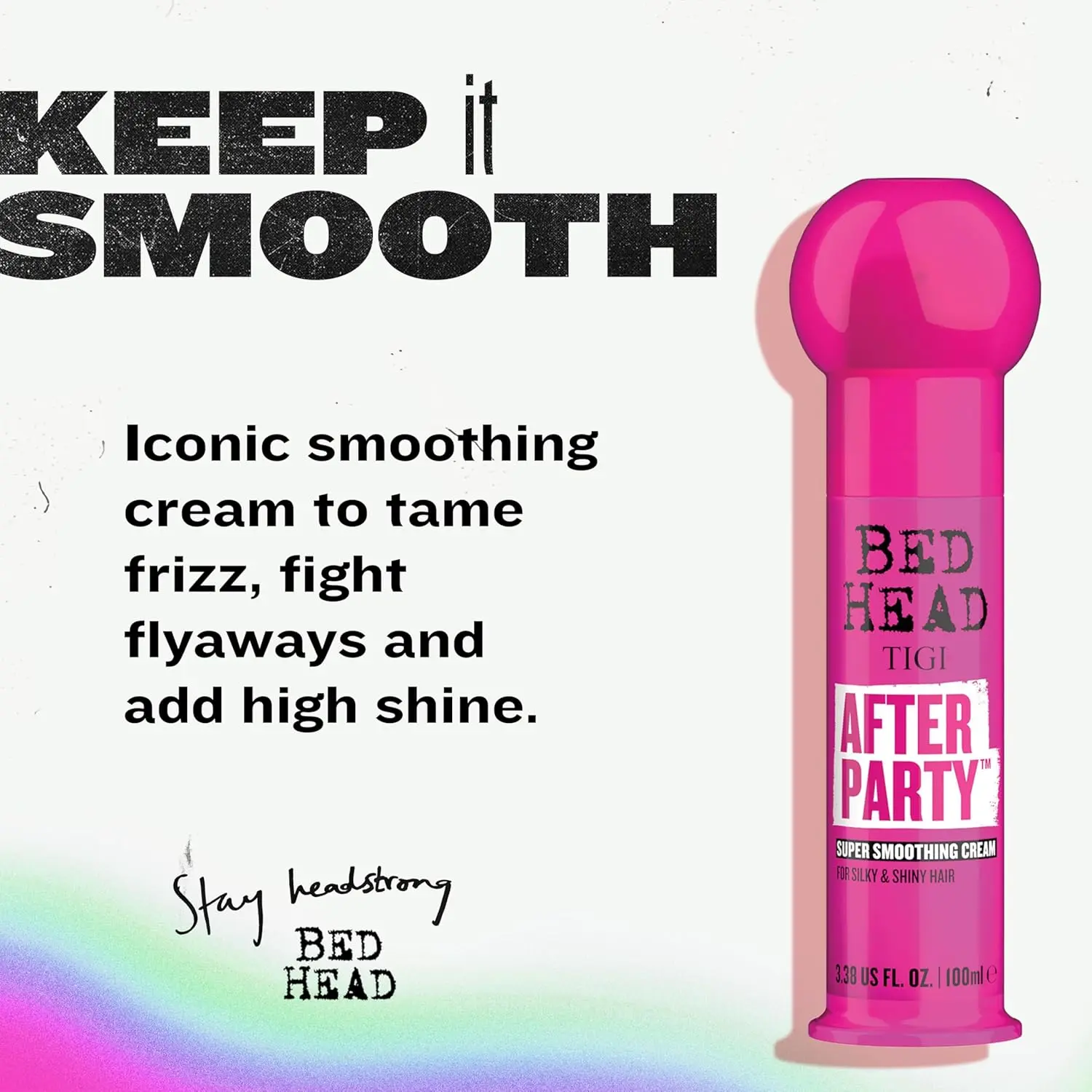 Bed Head After Party smoothing cream tames frizz and adds shine for silky, healthy-looking hair, perfect for frizzy, dull, or coarse hair types.