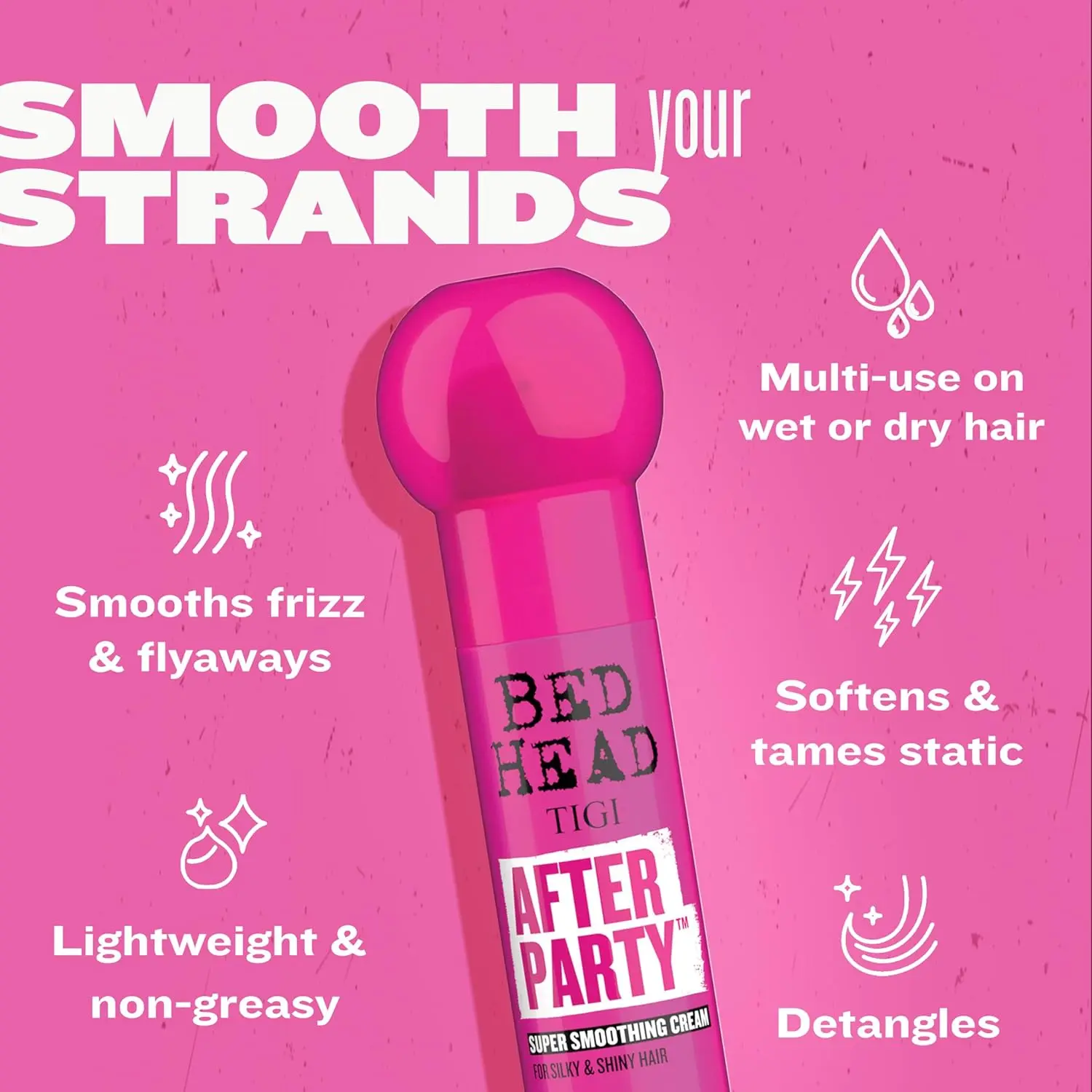 Bed Head After Party smoothing cream tames frizz and adds shine for silky, healthy-looking hair, perfect for frizzy, dull, or coarse hair types.