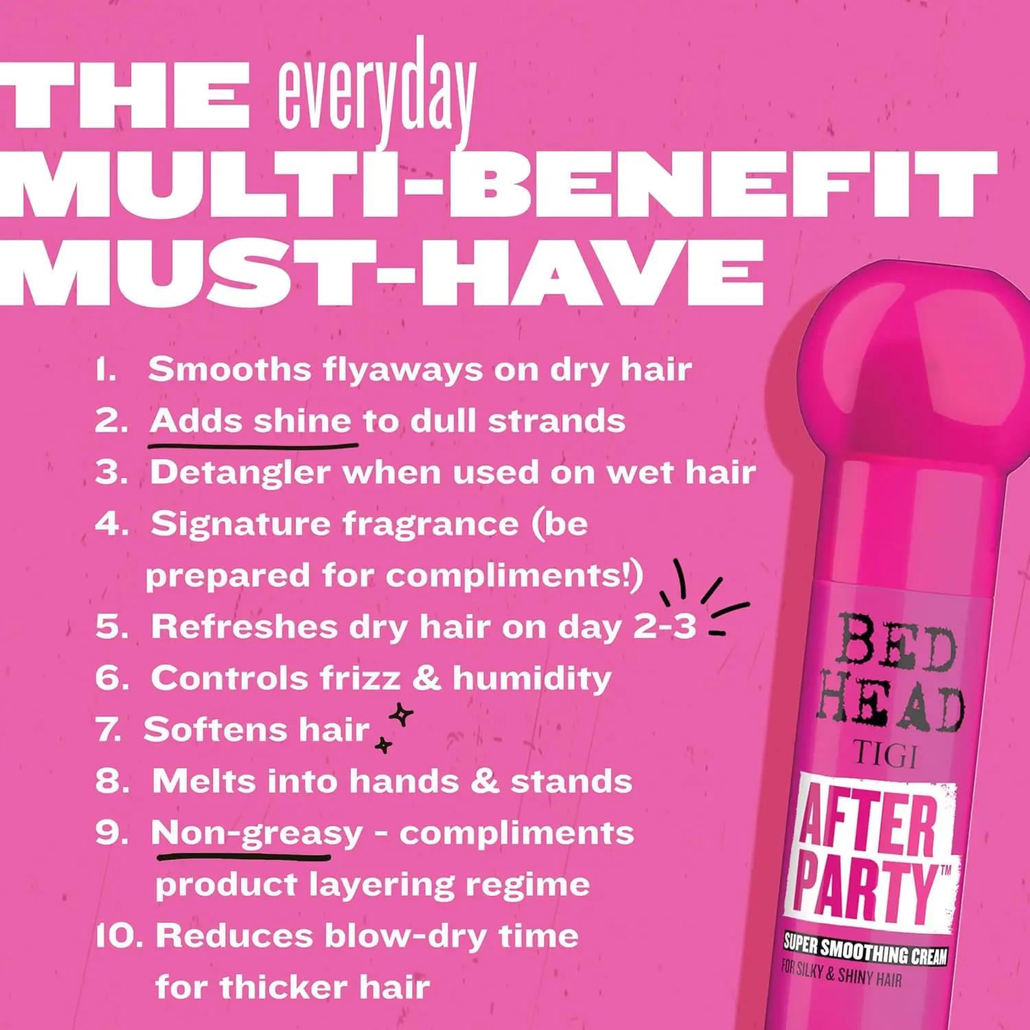 Bed Head After Party smoothing cream tames frizz and adds shine for silky, healthy-looking hair, perfect for frizzy, dull, or coarse hair types.