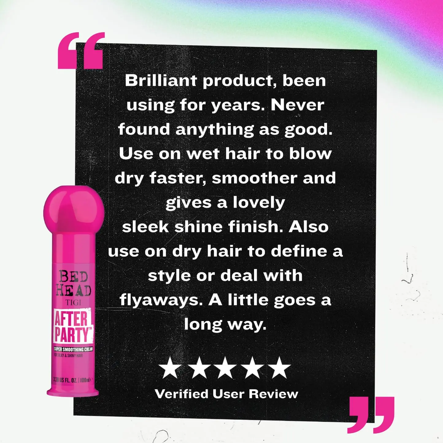 Bed Head After Party smoothing cream tames frizz and adds shine for silky, healthy-looking hair, perfect for frizzy, dull, or coarse hair types.