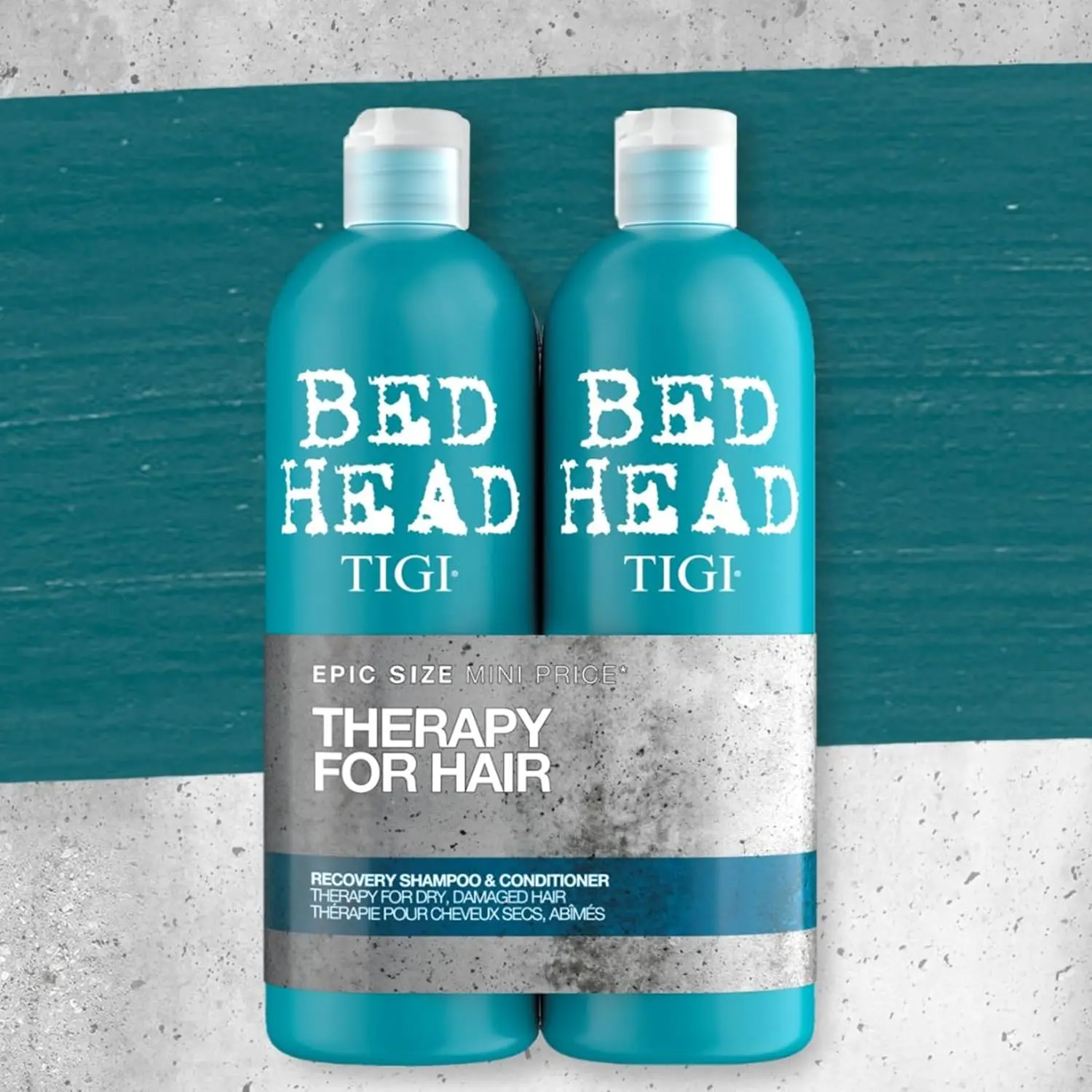 Bed Head Recovery shampoo and conditioner deeply hydrates dry, damaged hair, leaving it shiny, healthy, and revitalized.