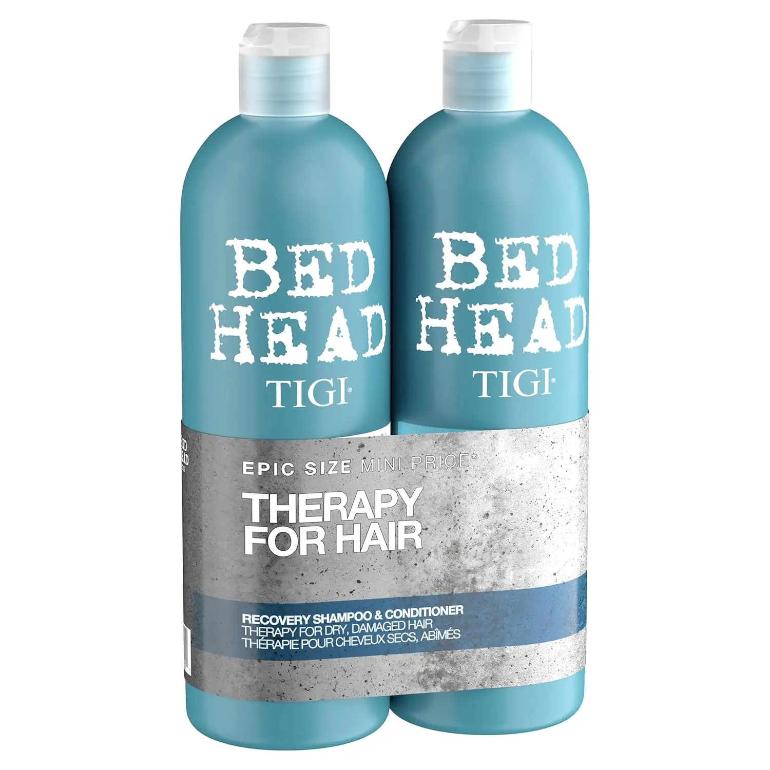 Bed Head Recovery shampoo and conditioner deeply hydrates dry, damaged hair, leaving it shiny, healthy, and revitalized.