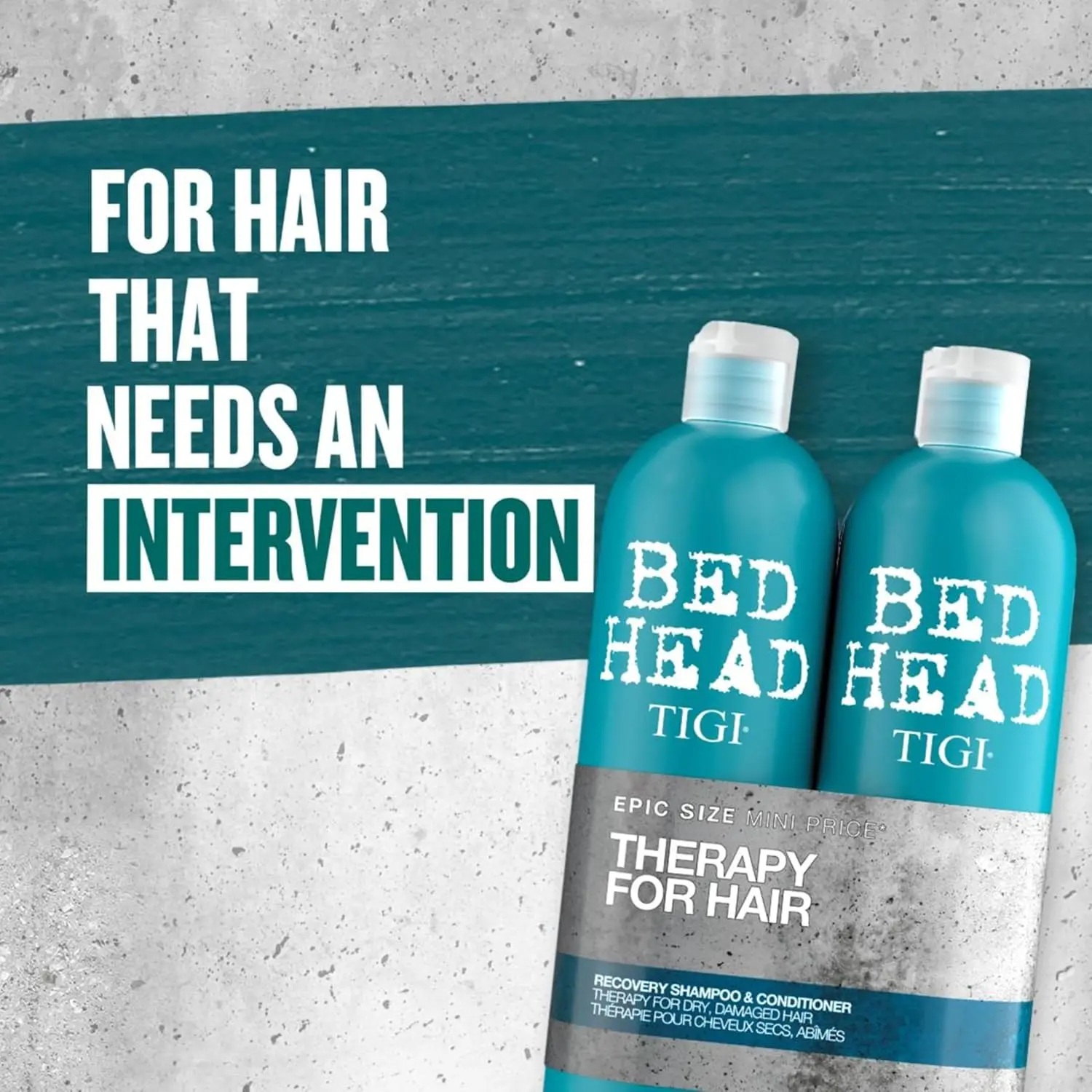 Bed Head Recovery shampoo and conditioner deeply hydrates dry, damaged hair, leaving it shiny, healthy, and revitalized.