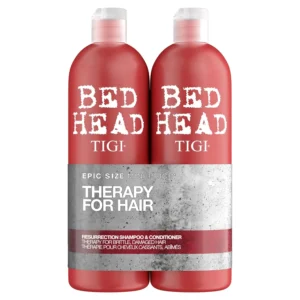 Bed Head TIGI Resurrection shampoo and conditioner for damaged hair deeply moisturizes and softens dry, unmanageable hair, leaving it silky smooth and shiny.
