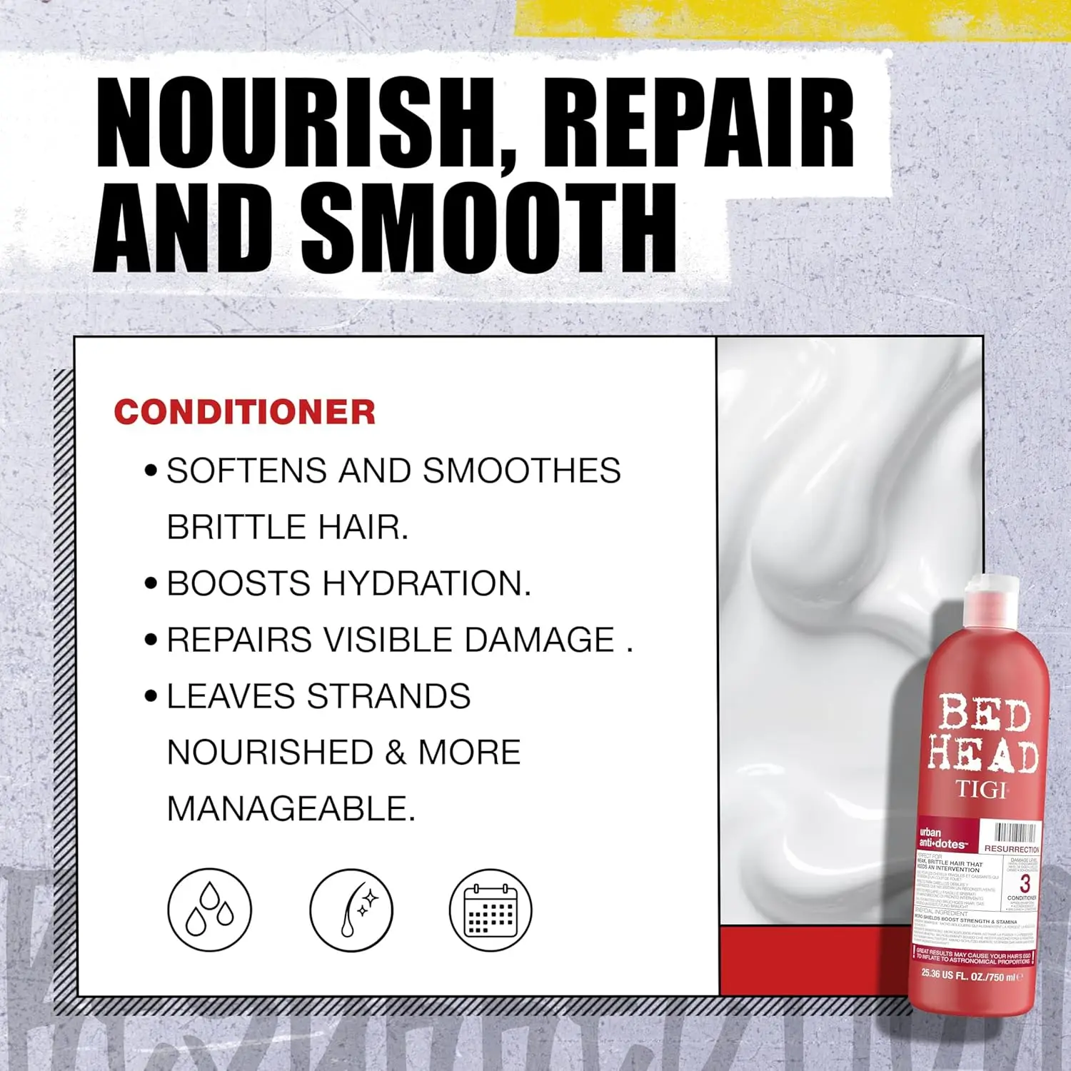 Bed Head TIGI Resurrection shampoo and conditioner for damaged hair deeply moisturizes and softens dry, unmanageable hair, leaving it silky smooth and shiny.