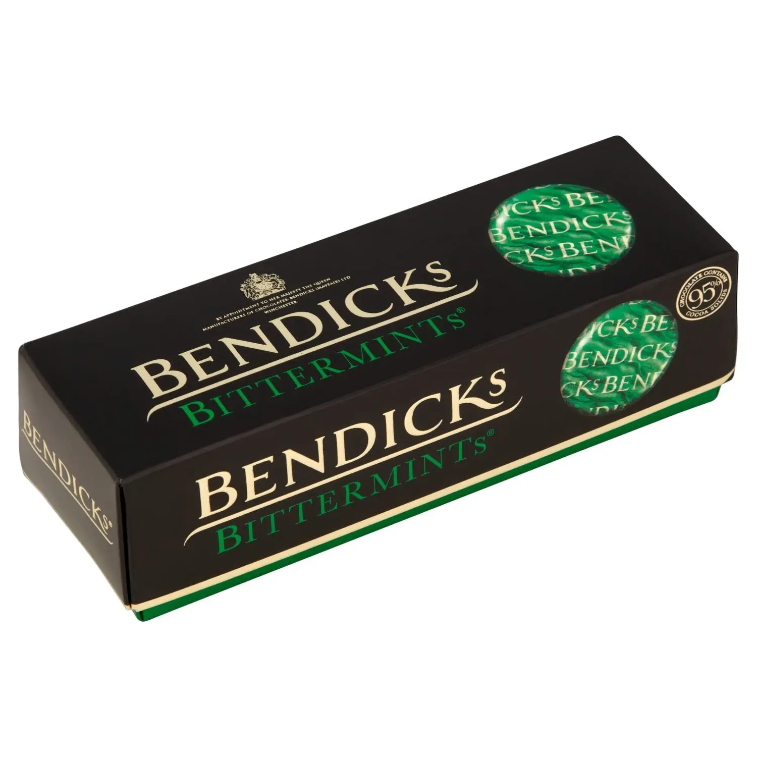 A box of Bendicks Bittermints, the UK's famous dark mint chocolates that are vegan, kosher parev certified, and gluten-free.