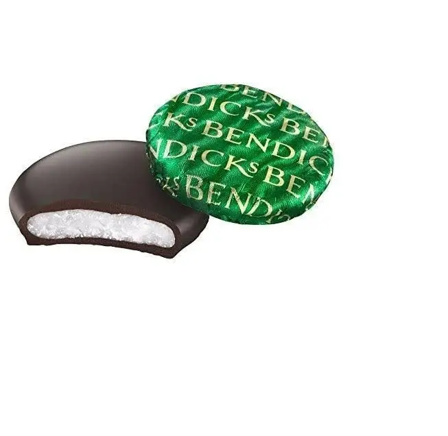 A box of Bendicks Bittermints, the UK's famous dark mint chocolates that are vegan, kosher parev certified, and gluten-free.