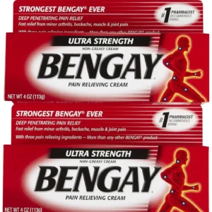 Two-pack of Bengay Ultra Strength non-greasy pain relieving cream formulated with care for muscle aches.