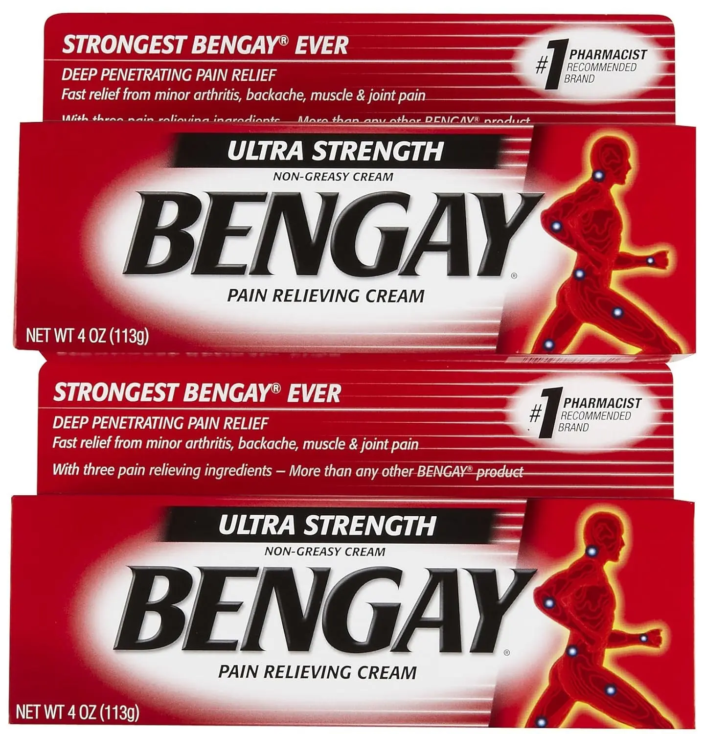 Two-pack of Bengay Ultra Strength non-greasy pain relieving cream formulated with care for muscle aches.