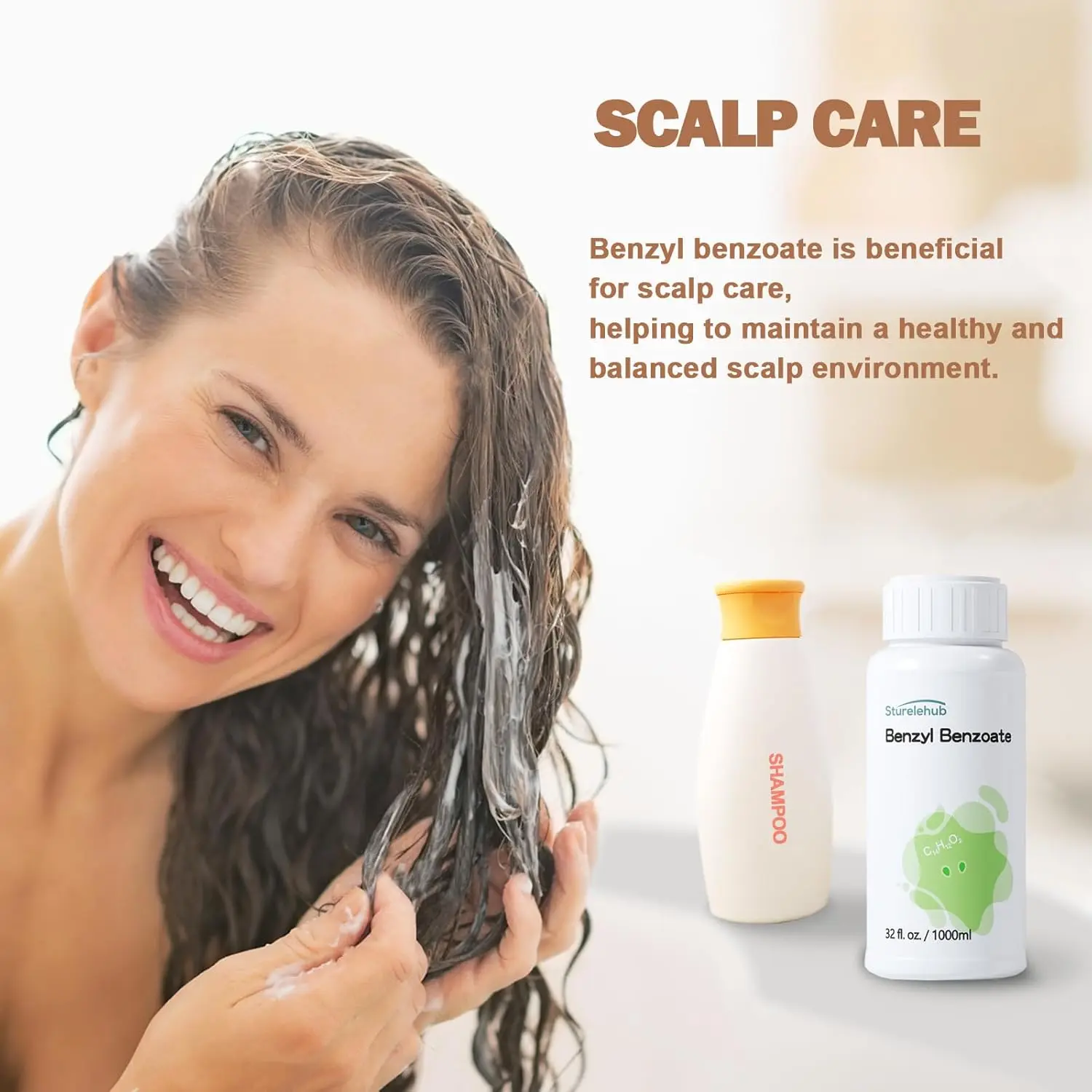 This is a one-liter bottle of benzyl benzoate, a versatile solvent and fragrance ingredient used in perfumes, cosmetics, hair care, and scalp care products to ensure stability and a pleasant scent.