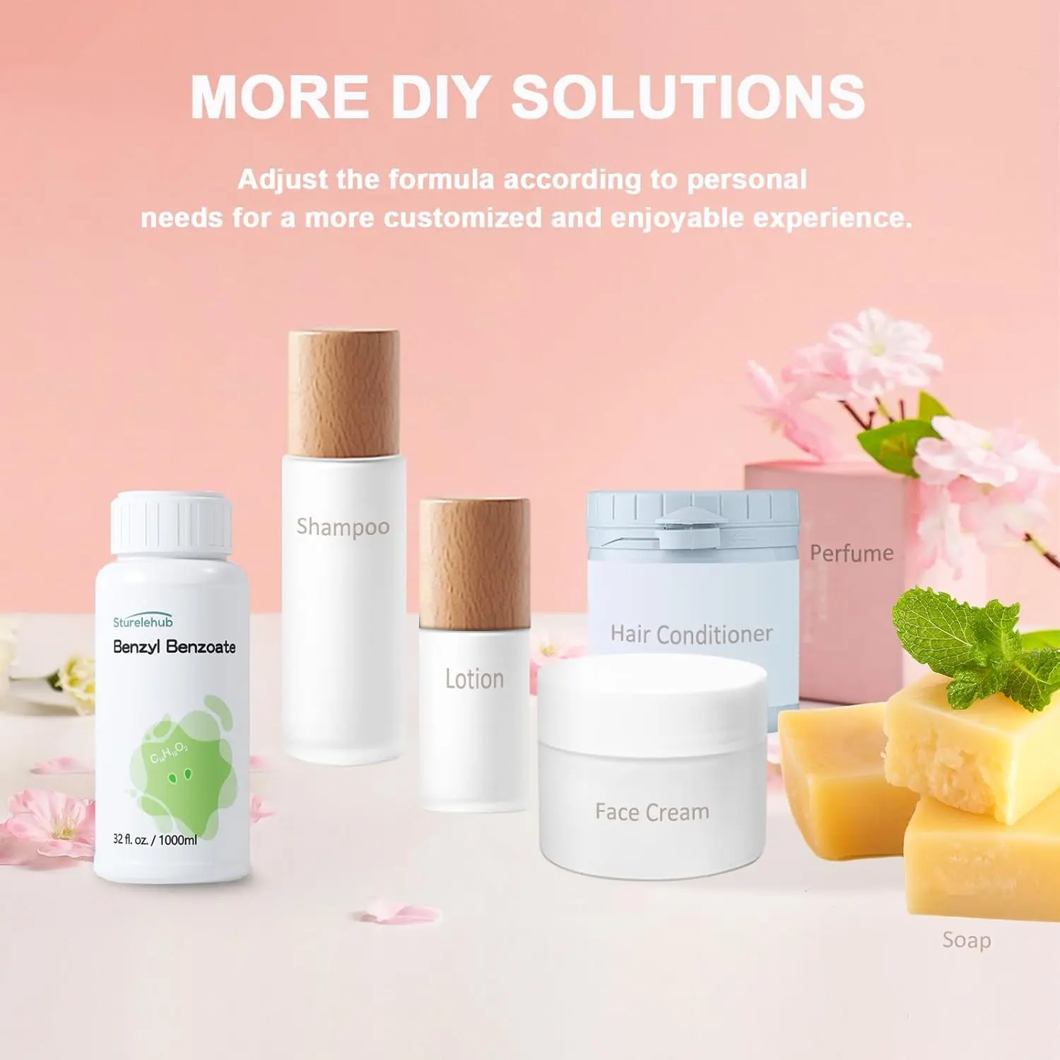 This is a one-liter bottle of benzyl benzoate, a versatile solvent and fragrance ingredient used in perfumes, cosmetics, hair care, and scalp care products to ensure stability and a pleasant scent.