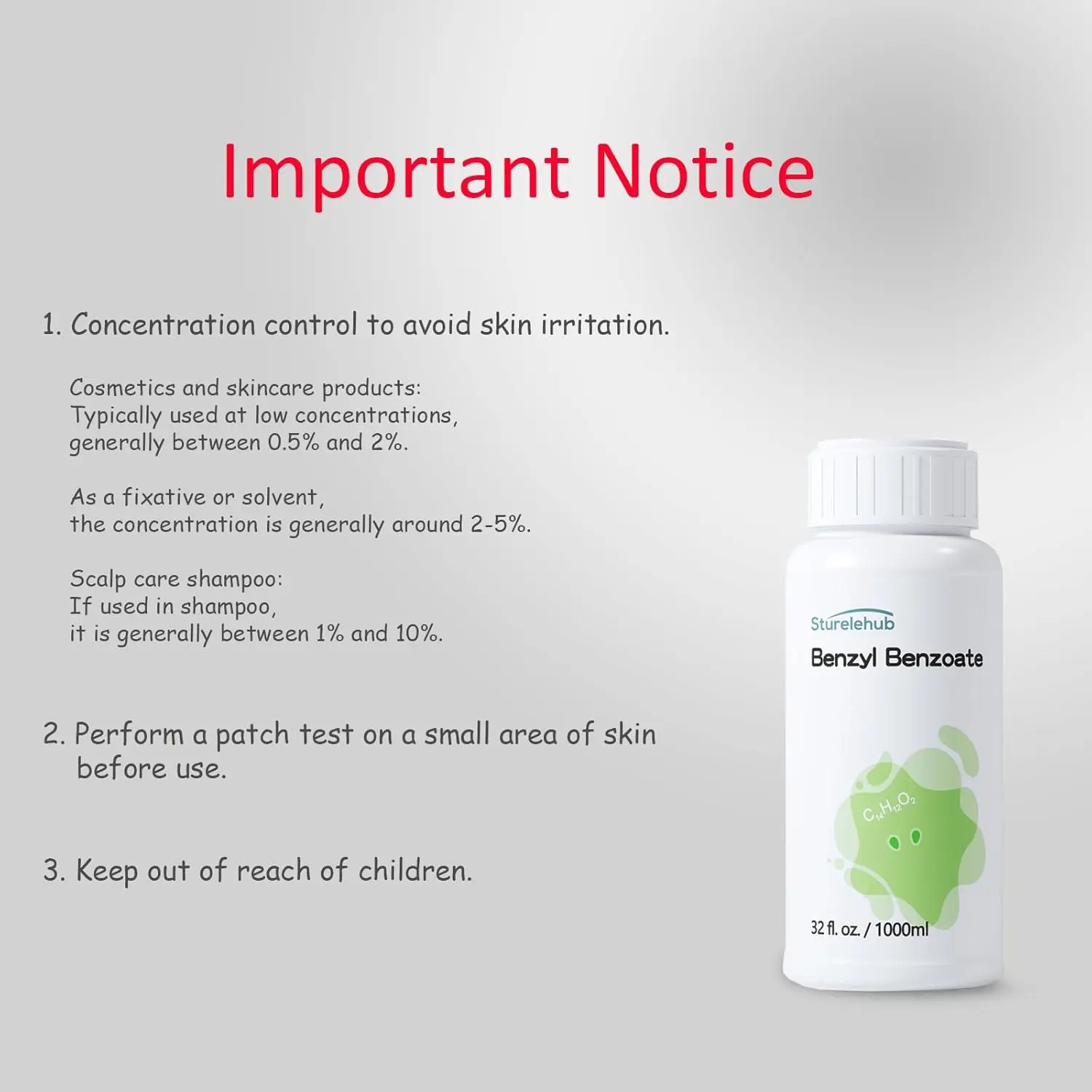 This is a one-liter bottle of benzyl benzoate, a versatile solvent and fragrance ingredient used in perfumes, cosmetics, hair care, and scalp care products to ensure stability and a pleasant scent.