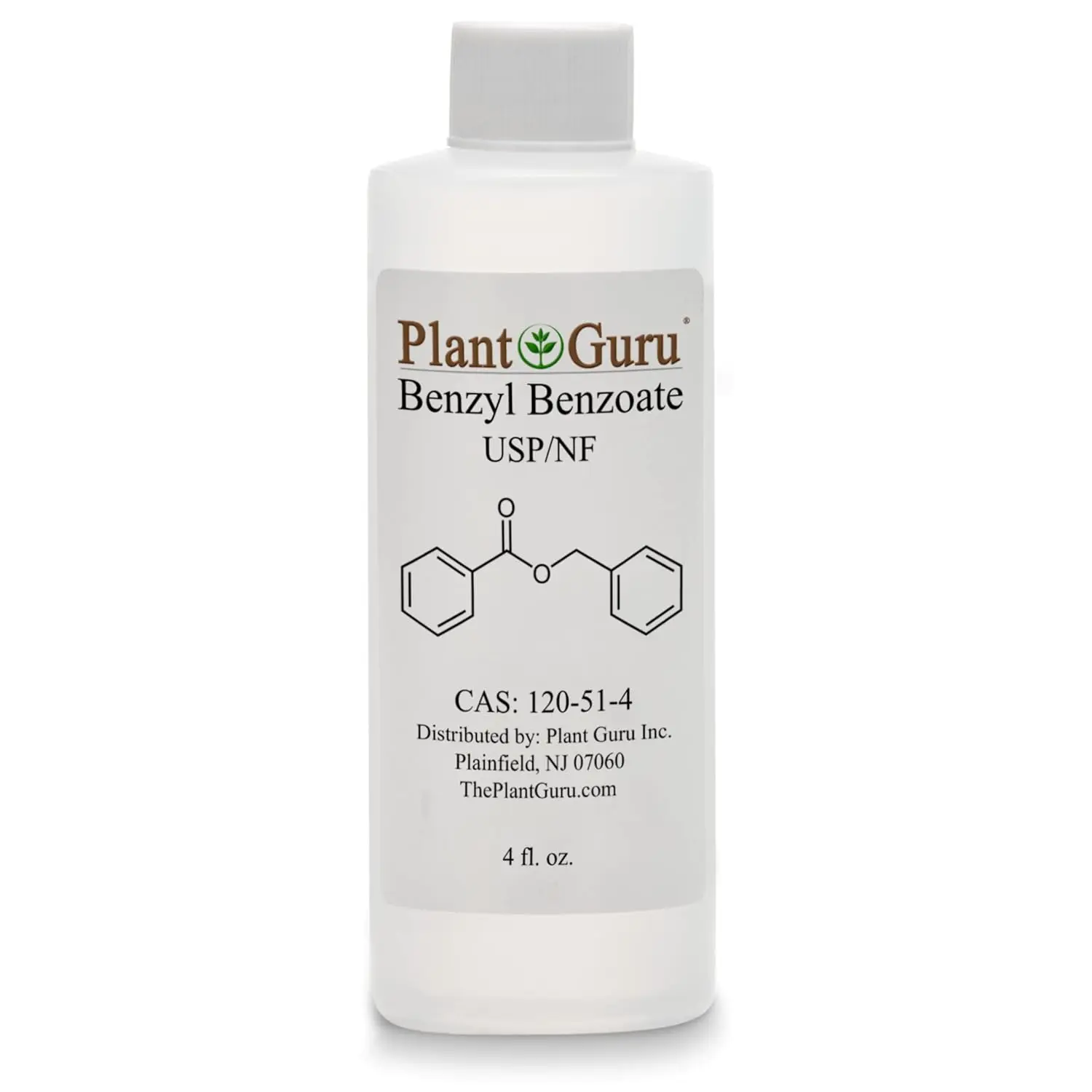 A bottle of Plant Guru Benzyl Benzoate liquid, used in cosmetics, fragrance enhancement, and hair and scalp treatments.