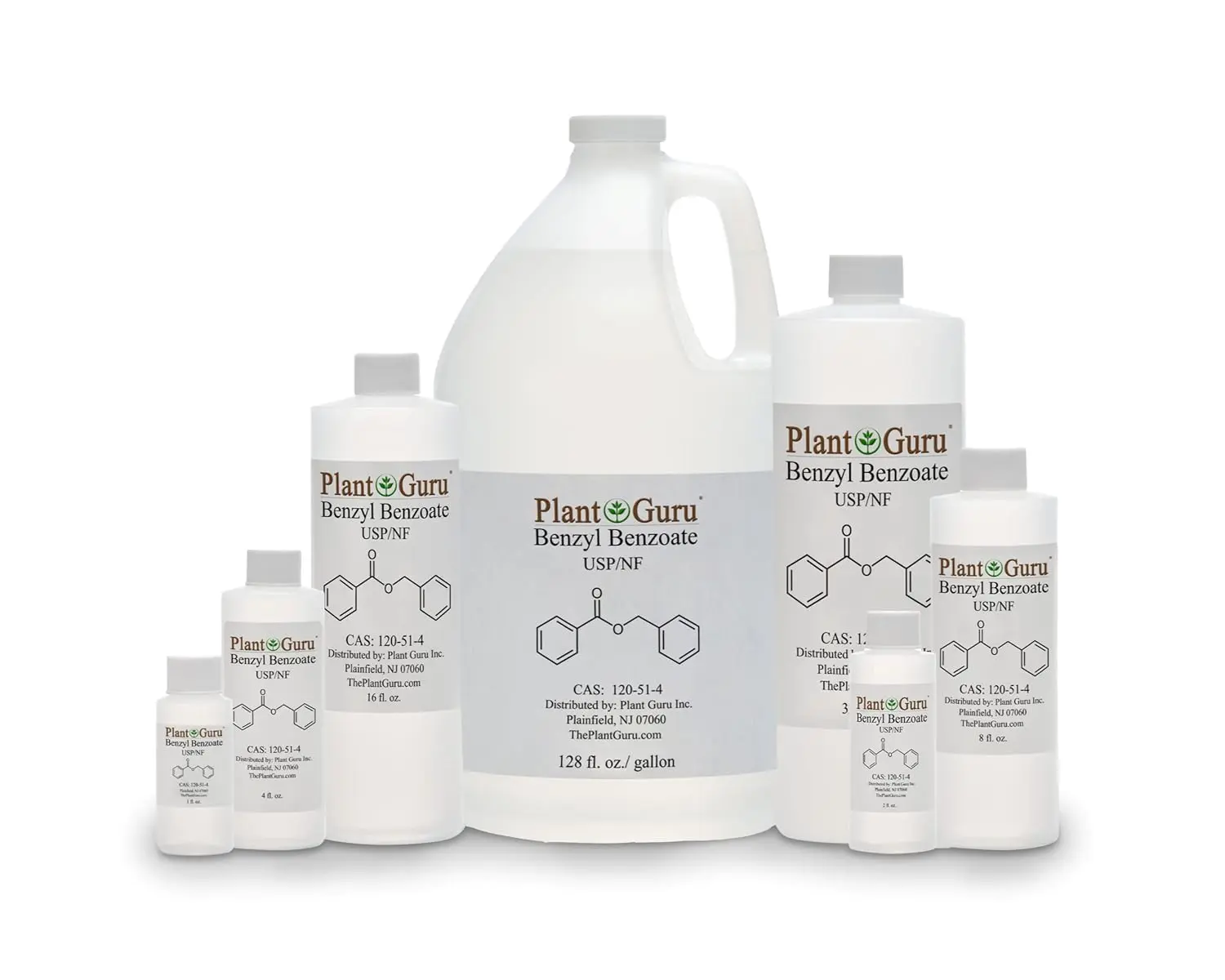 A bottle of Plant Guru Benzyl Benzoate liquid, used in cosmetics, fragrance enhancement, and hair and scalp treatments.