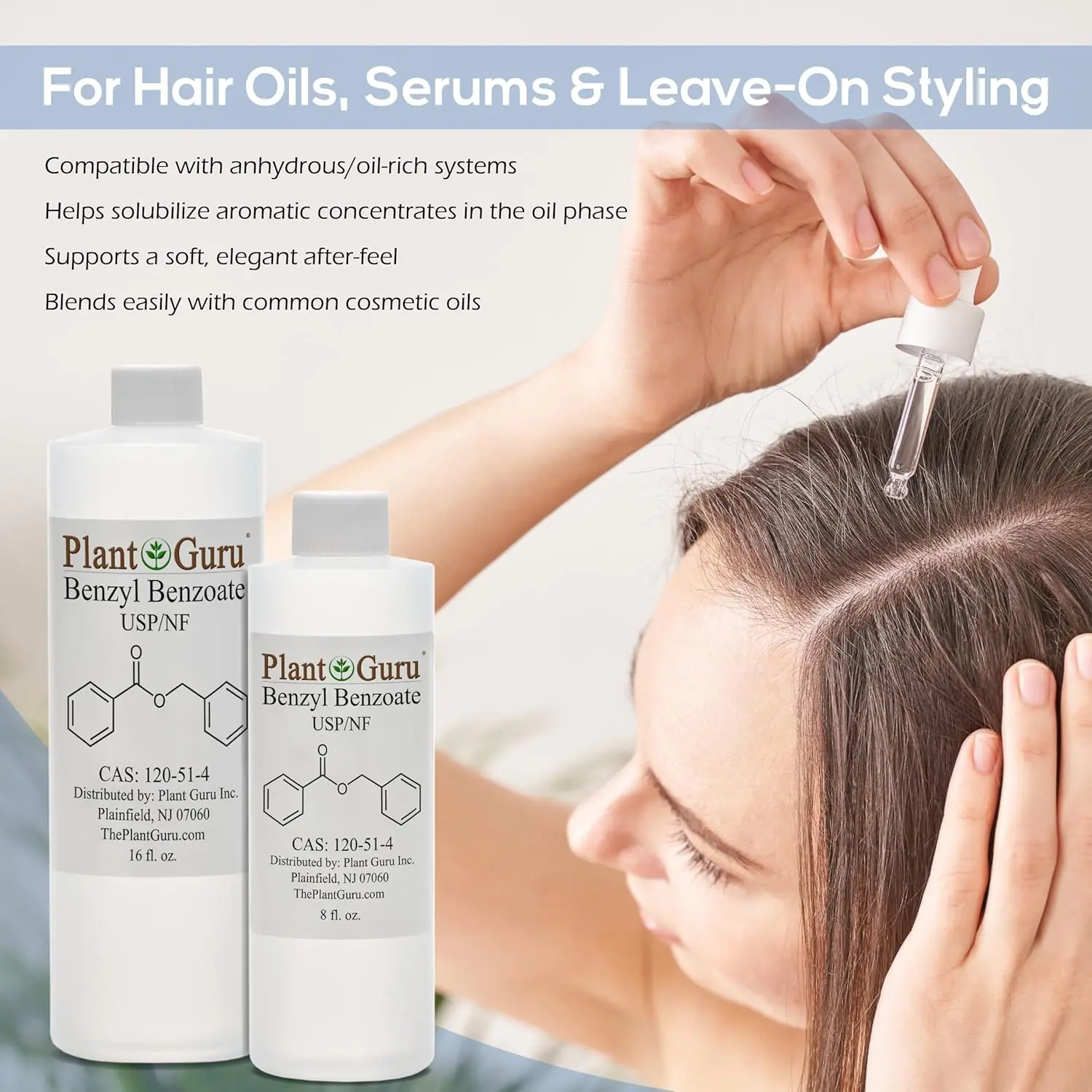 A bottle of Plant Guru Benzyl Benzoate liquid, used in cosmetics, fragrance enhancement, and hair and scalp treatments.