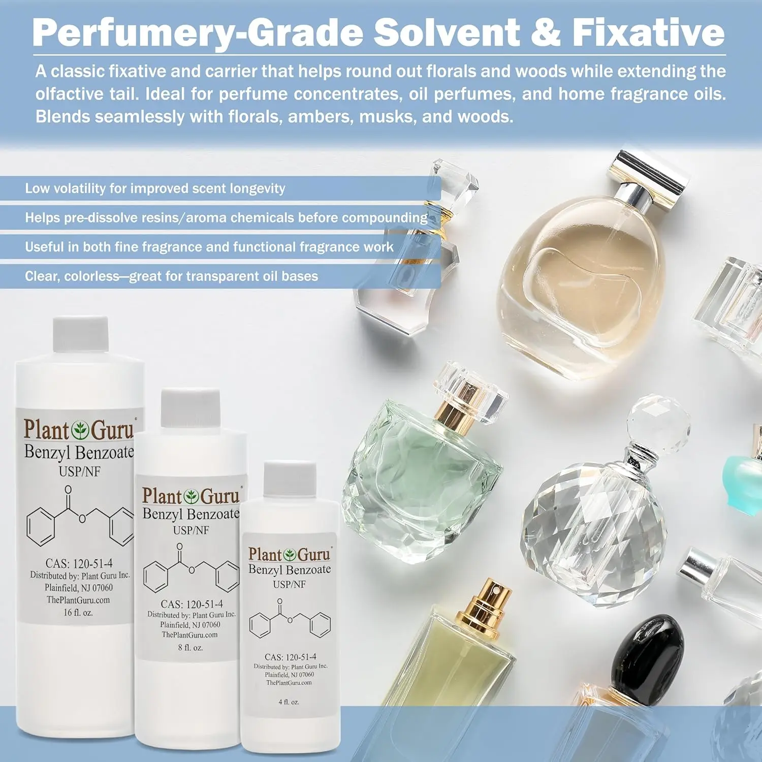 A bottle of Plant Guru Benzyl Benzoate liquid, used in cosmetics, fragrance enhancement, and hair and scalp treatments.