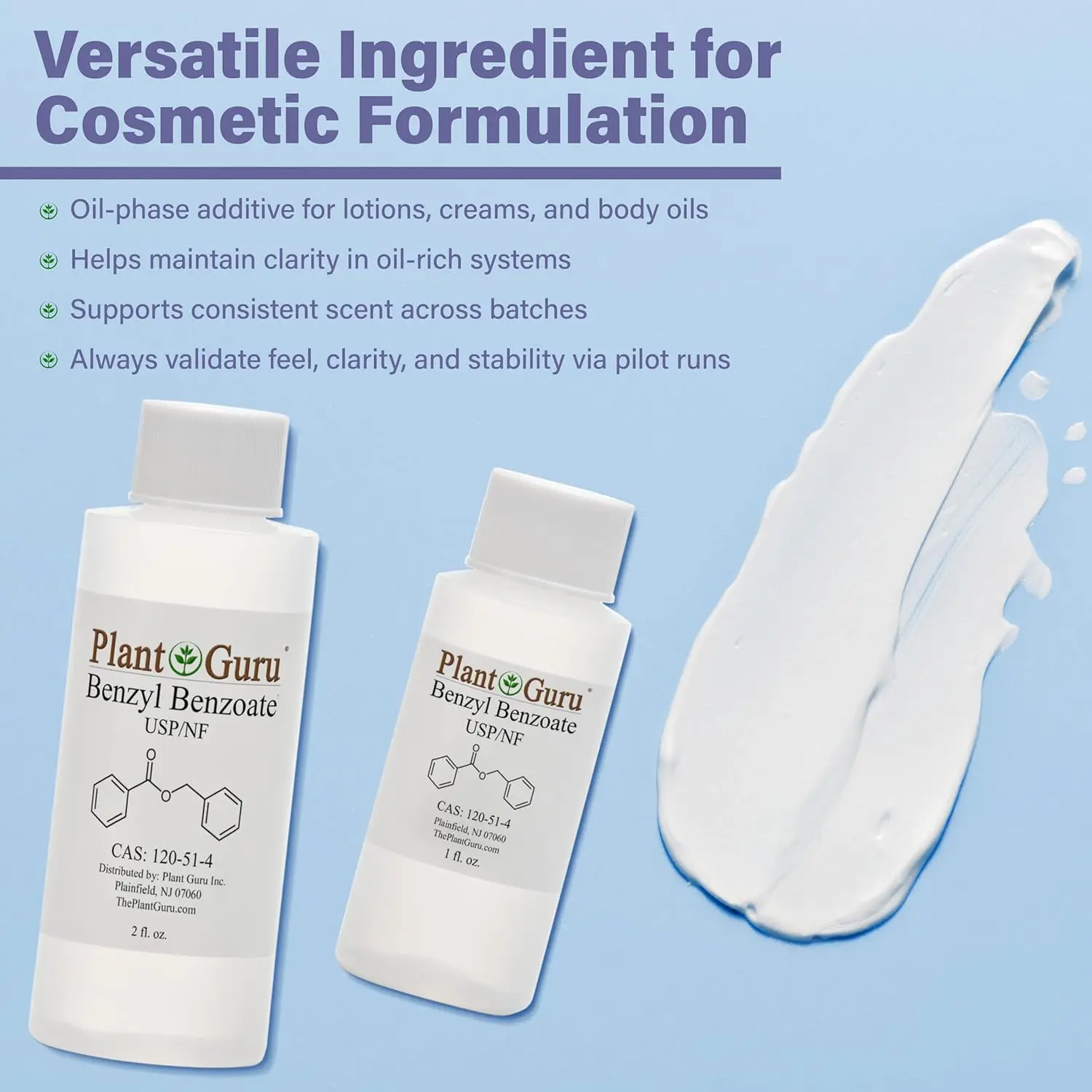 A bottle of Plant Guru Benzyl Benzoate liquid, used in cosmetics, fragrance enhancement, and hair and scalp treatments.