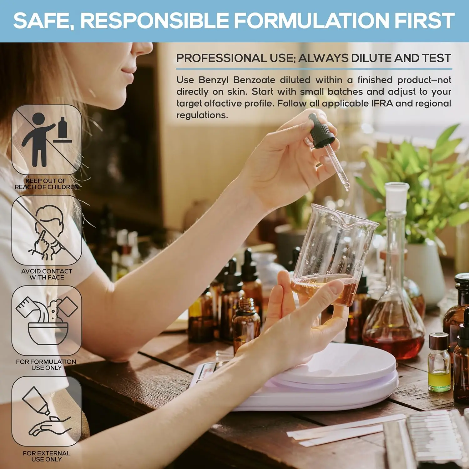 A bottle of Plant Guru Benzyl Benzoate liquid, used in cosmetics, fragrance enhancement, and hair and scalp treatments.