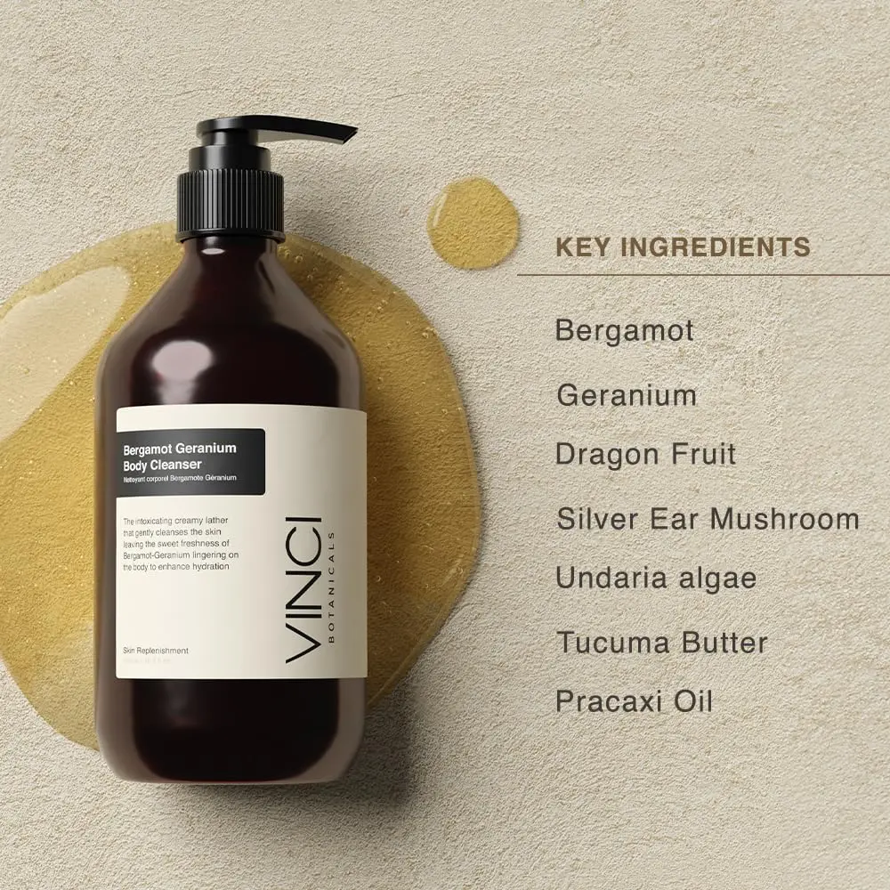 Bottle of Bergamot body cleanser, a vegan and cruelty-free aromatic body wash with bergamot, geranium and dragon fruit extracts to cleanse and hydrate for all skin types.