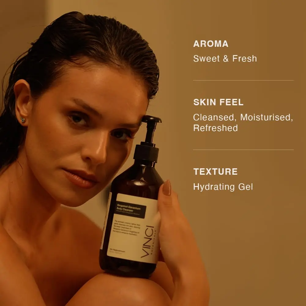 Bottle of Bergamot body cleanser, a vegan and cruelty-free aromatic body wash with bergamot, geranium and dragon fruit extracts to cleanse and hydrate for all skin types.