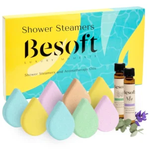 This Besoft aromatherapy shower steamers gift set includes eight shower bombs and two essential oils, perfect for creating a relaxing at-home spa experience.