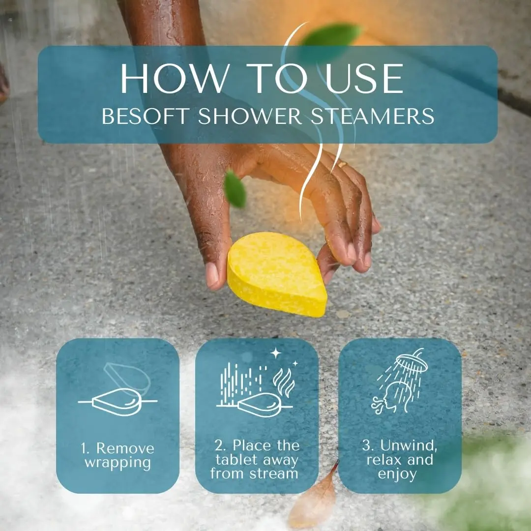 This Besoft aromatherapy shower steamers gift set includes eight shower bombs and two essential oils, perfect for creating a relaxing at-home spa experience.