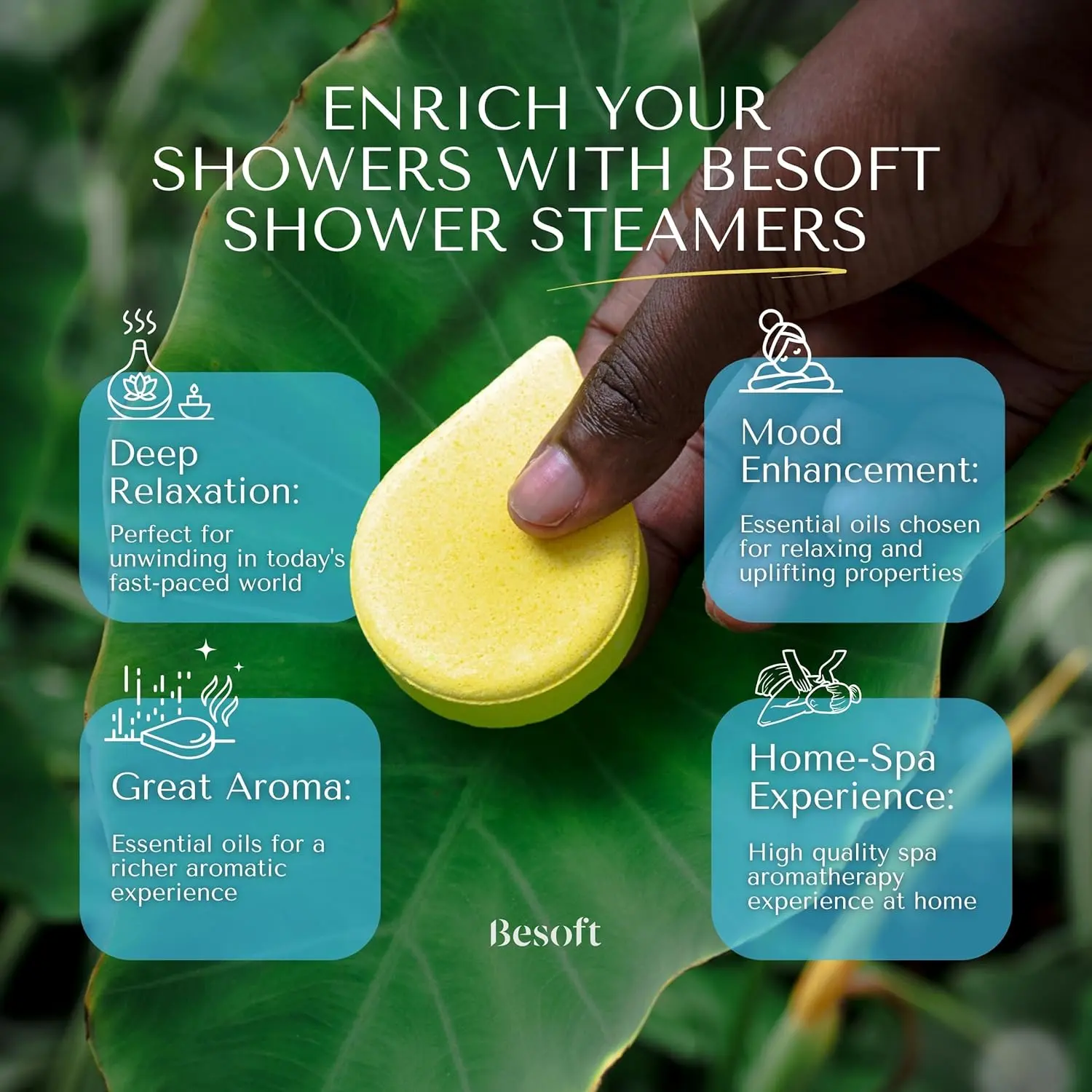 This Besoft aromatherapy shower steamers gift set includes eight shower bombs and two essential oils, perfect for creating a relaxing at-home spa experience.
