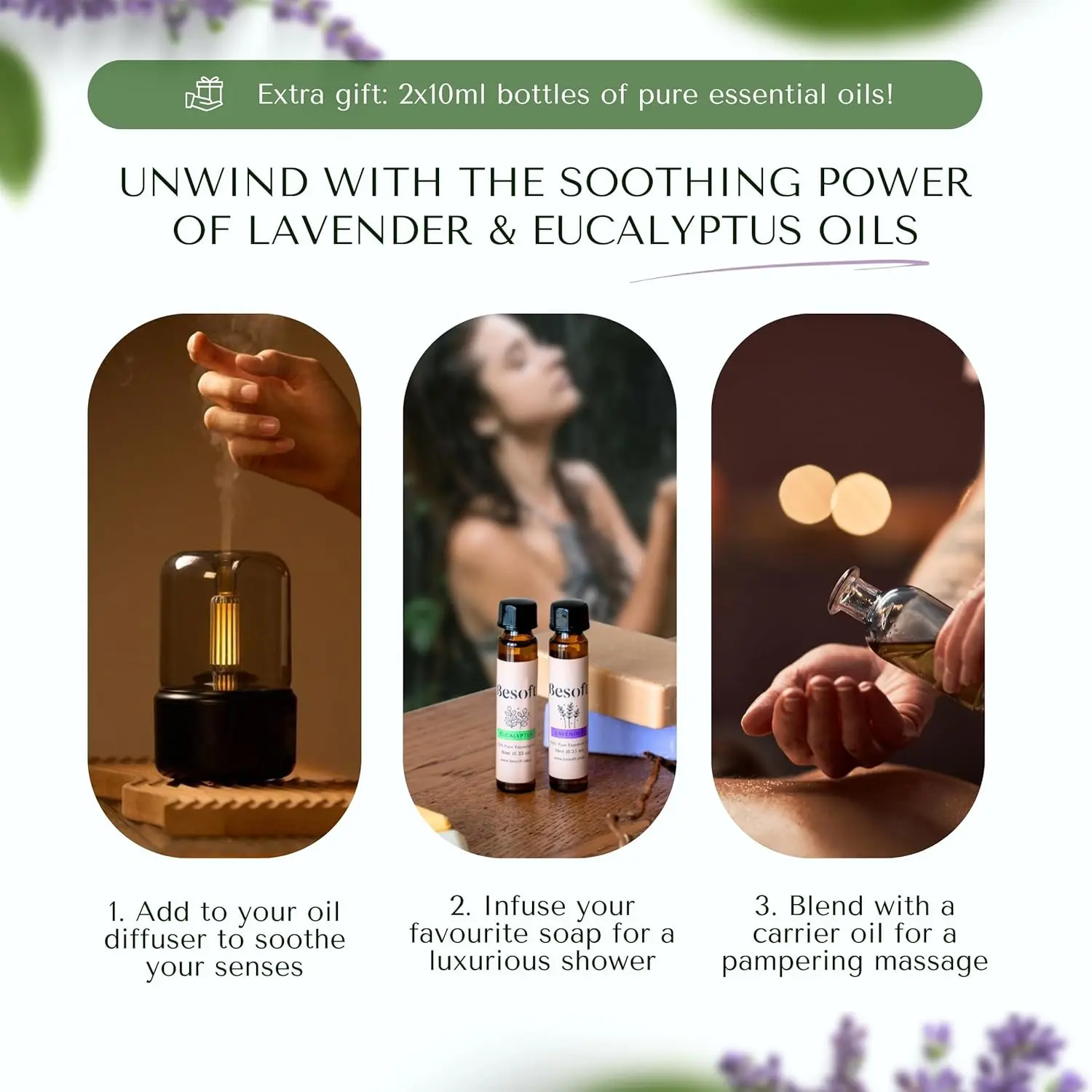 This Besoft aromatherapy shower steamers gift set includes eight shower bombs and two essential oils, perfect for creating a relaxing at-home spa experience.