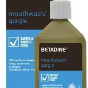 A bottle of Betadine Mouthwash Gargle providing effective sore throat relief by killing 99.99% of common viruses and bacteria, useful for oral hygiene.