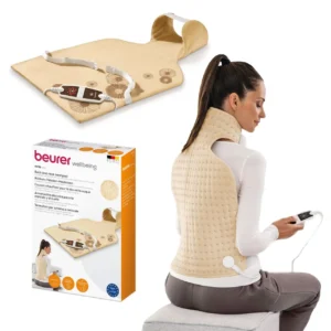 The Beurer XXL cozy heating pad provides targeted warmth for the back and neck, featuring six heat settings, a soft fleece cover, and an auto shut-off function.