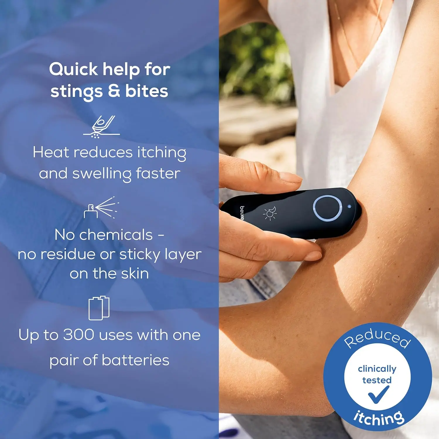 The Beurer BR90 bite healer uses heat to provide chemical-free relief from insect bites and stings, reducing itching and swelling.
