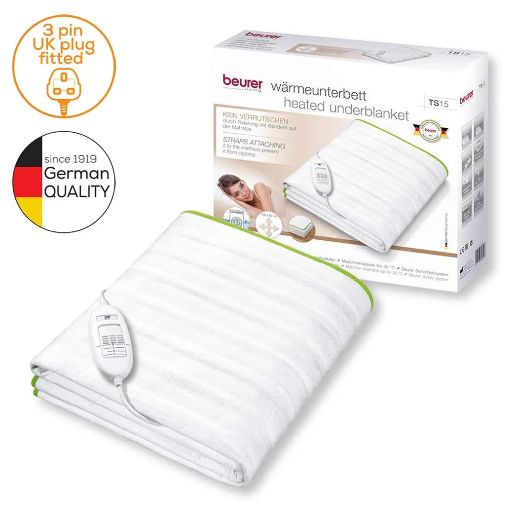The Beurer TS15 electric underblanket provides warmth and comfort, featuring easy-slide temperature control, machine washable design, and elastic straps for secure attachment to your single bed mattress.