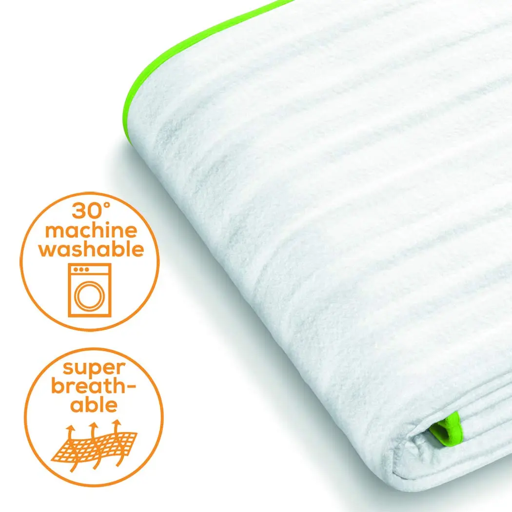 The Beurer TS15 electric underblanket provides warmth and comfort, featuring easy-slide temperature control, machine washable design, and elastic straps for secure attachment to your single bed mattress.