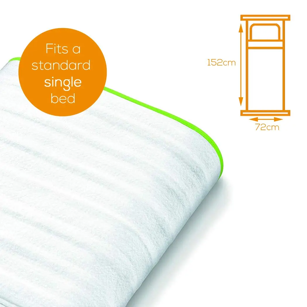The Beurer TS15 electric underblanket provides warmth and comfort, featuring easy-slide temperature control, machine washable design, and elastic straps for secure attachment to your single bed mattress.