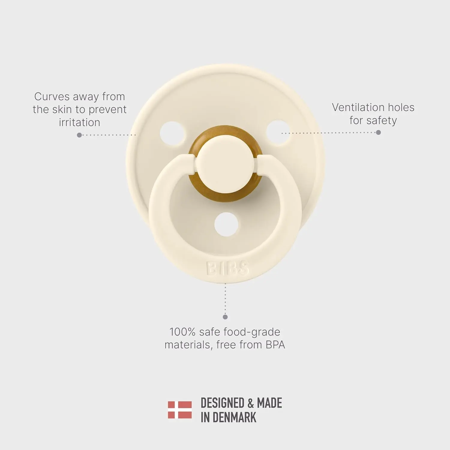 Bibs x Liberty 2-pack of size 2 latex pacifiers in a dusty blue Capel print, designed with a round nipple to mimic breastfeeding.